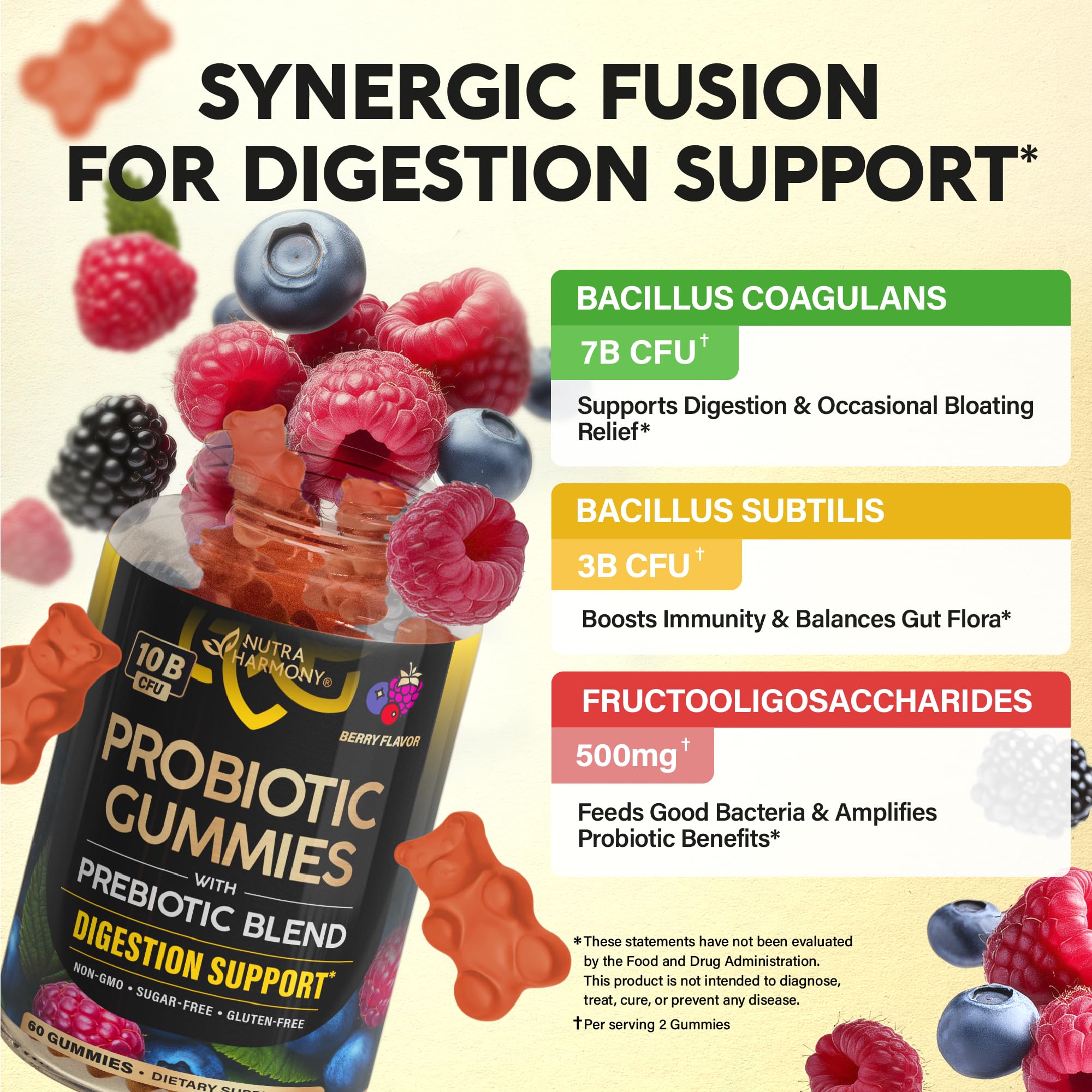 Gomitas con sabor frutos rojos de NUTRAHARMONY para una ingesta conveniente.