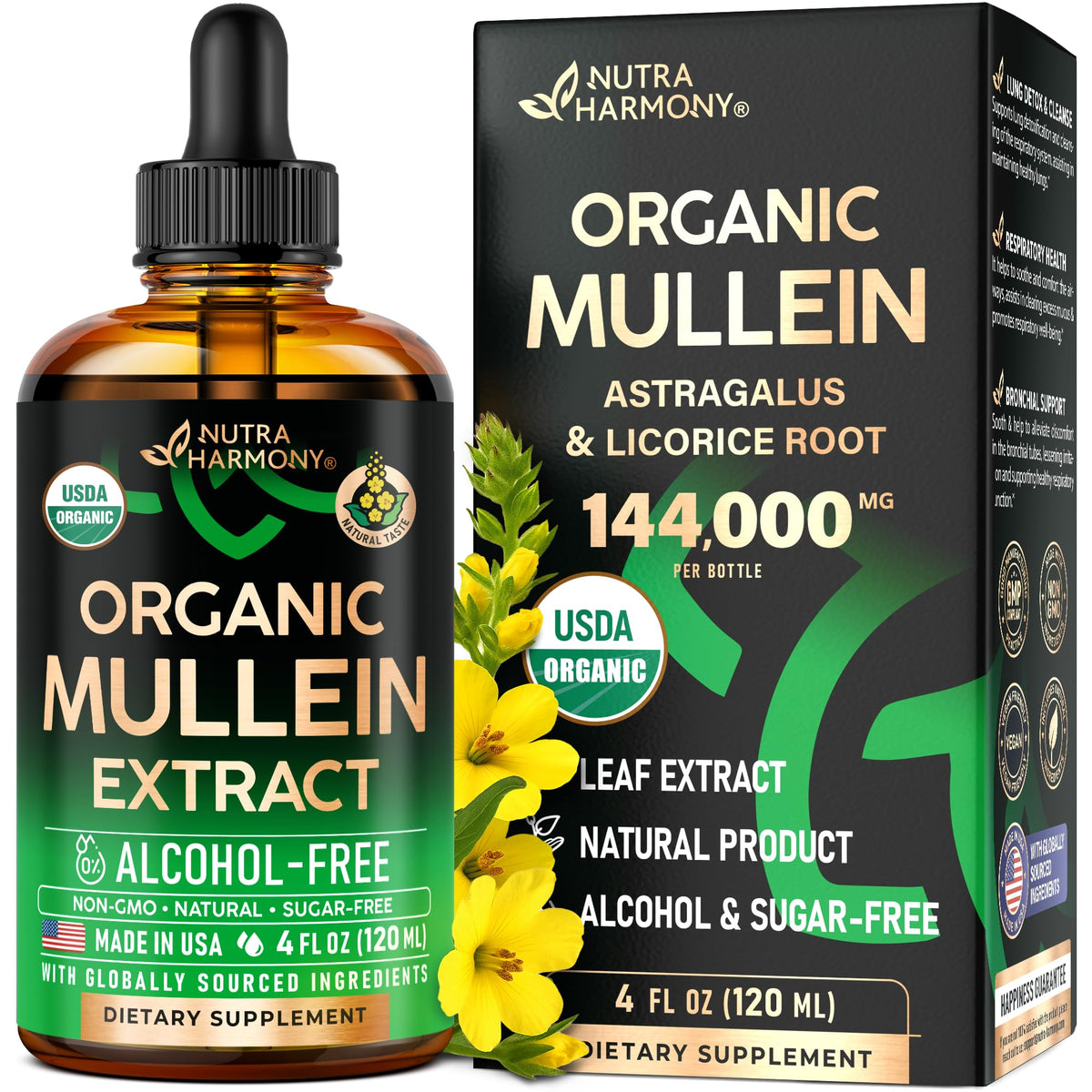 NUTRAHARMONY Mullein Drops botella frontal para un cuidado respiratorio suave
