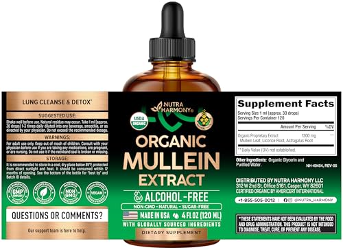 NUTRAHARMONY Mullein Drops etiqueta orgánica que destaca ingredientes de origen natural