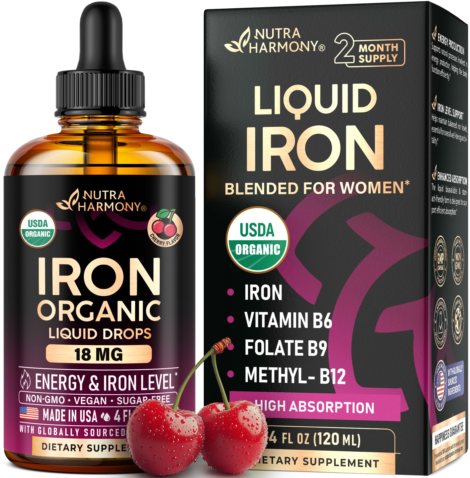 Gotas de hierro NutraHarmony sabor cereza para energía diaria y absorción suave.