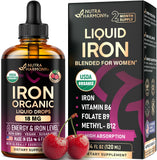 Gotas de hierro NutraHarmony sabor cereza para energía diaria y absorción suave.