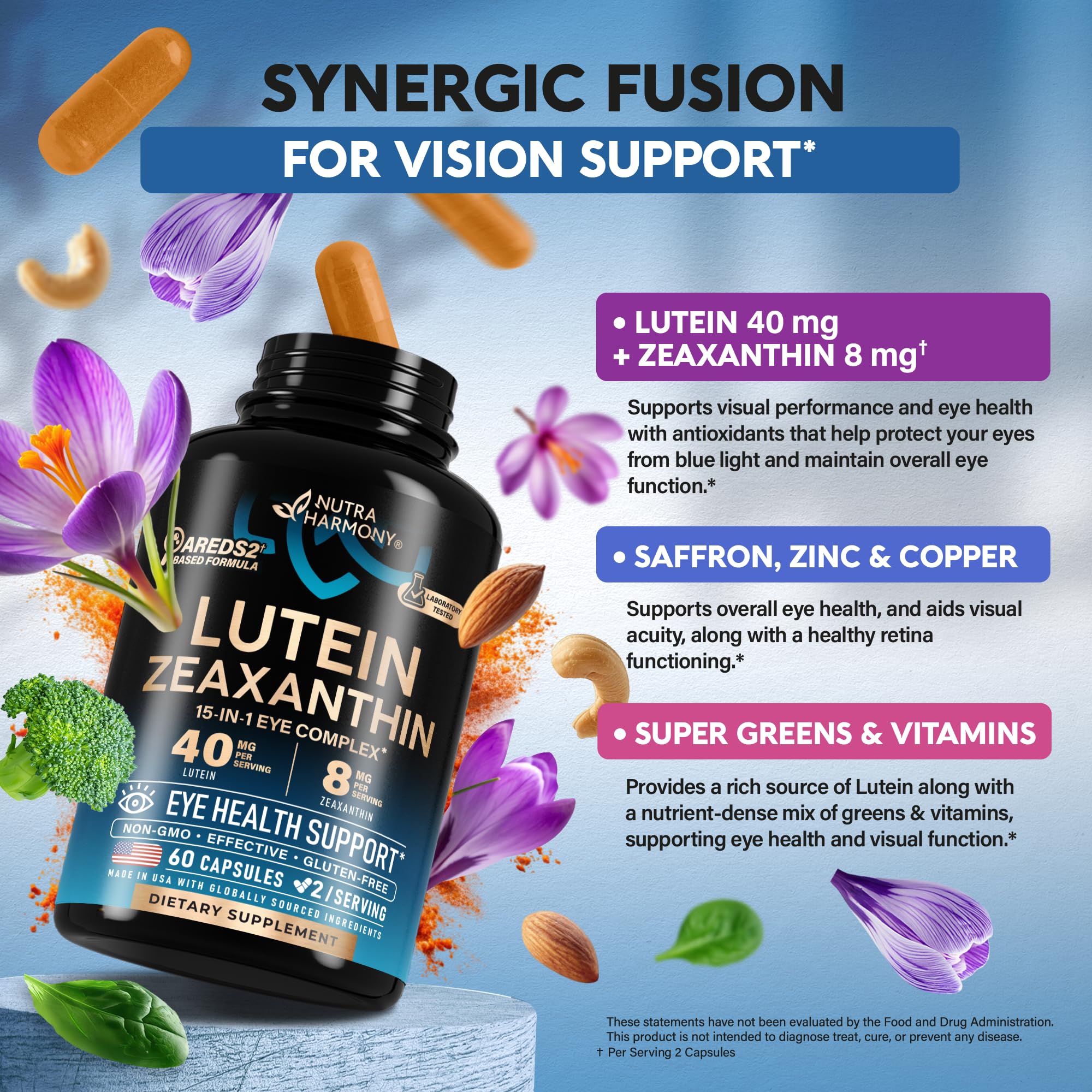 NutraHarmony: ingredientes clave como zinc y cobre para la salud ocular.