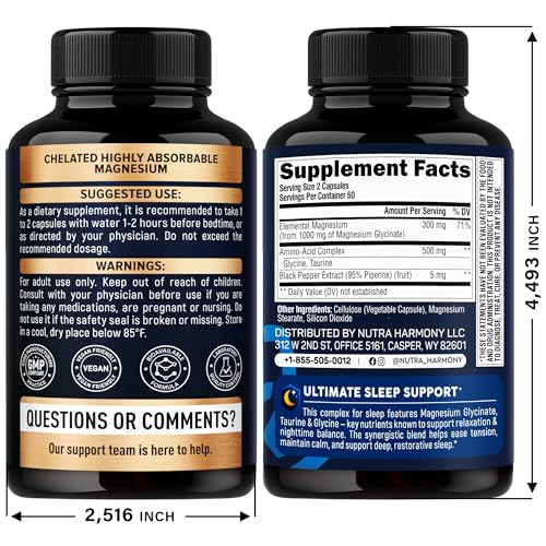 NutraHarmony Magnesio Glicinato: botella visible para uso nocturno.