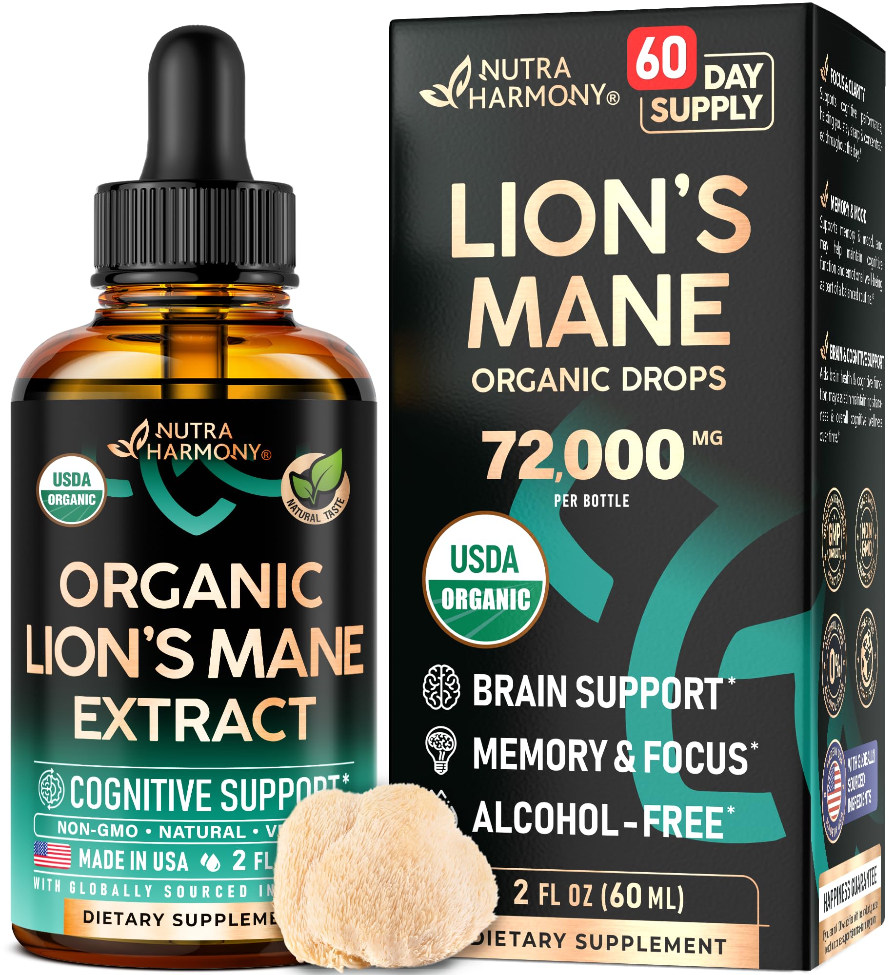 Nutraharmony Melena de León Líquido: botella frontal para uso diario y enfoque sostenido.