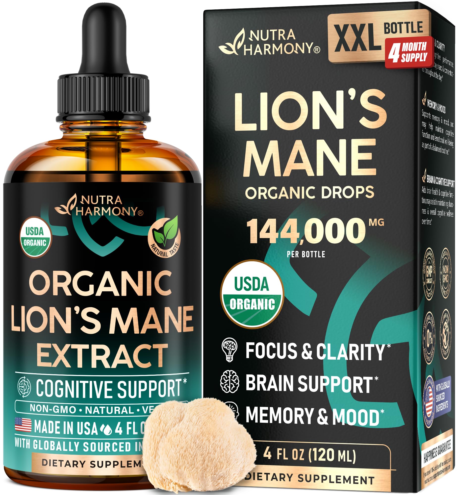 NutraHarmony Melena de León líquido en botella, dosis de 1200 mg para claridad mental.