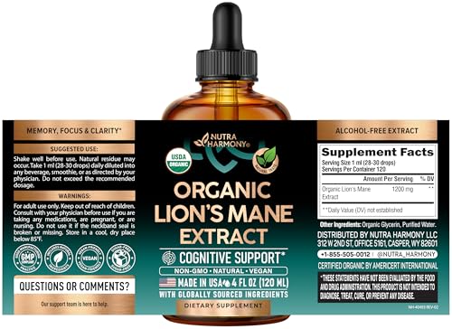 NutraHarmony Melena de León líquido con gotero para uso diario y enfoque sostenido.
