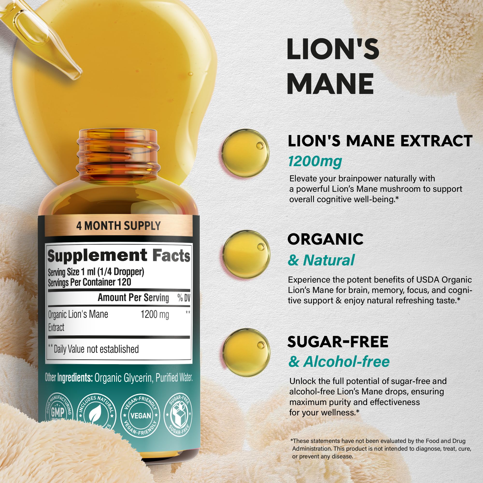 NutraHarmony Melena de León líquido, sello USDA Orgánica y fórmula vegana.