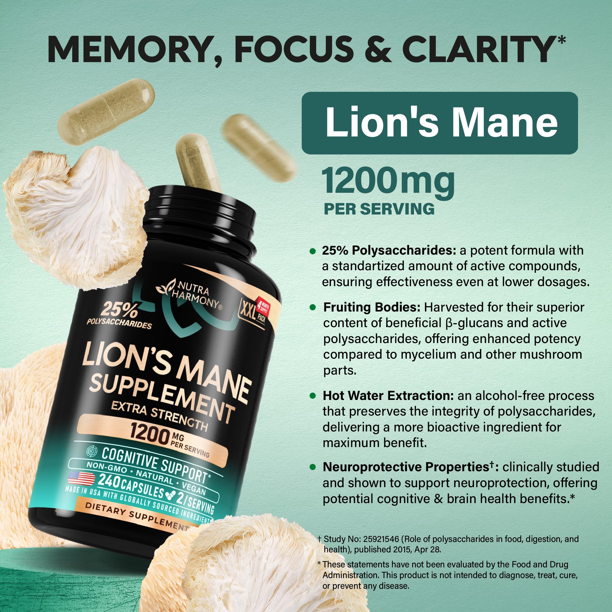 NUTRAHARMONY Melena de León - polisacáridos 25% para funciones inmunes y cognitivas.
