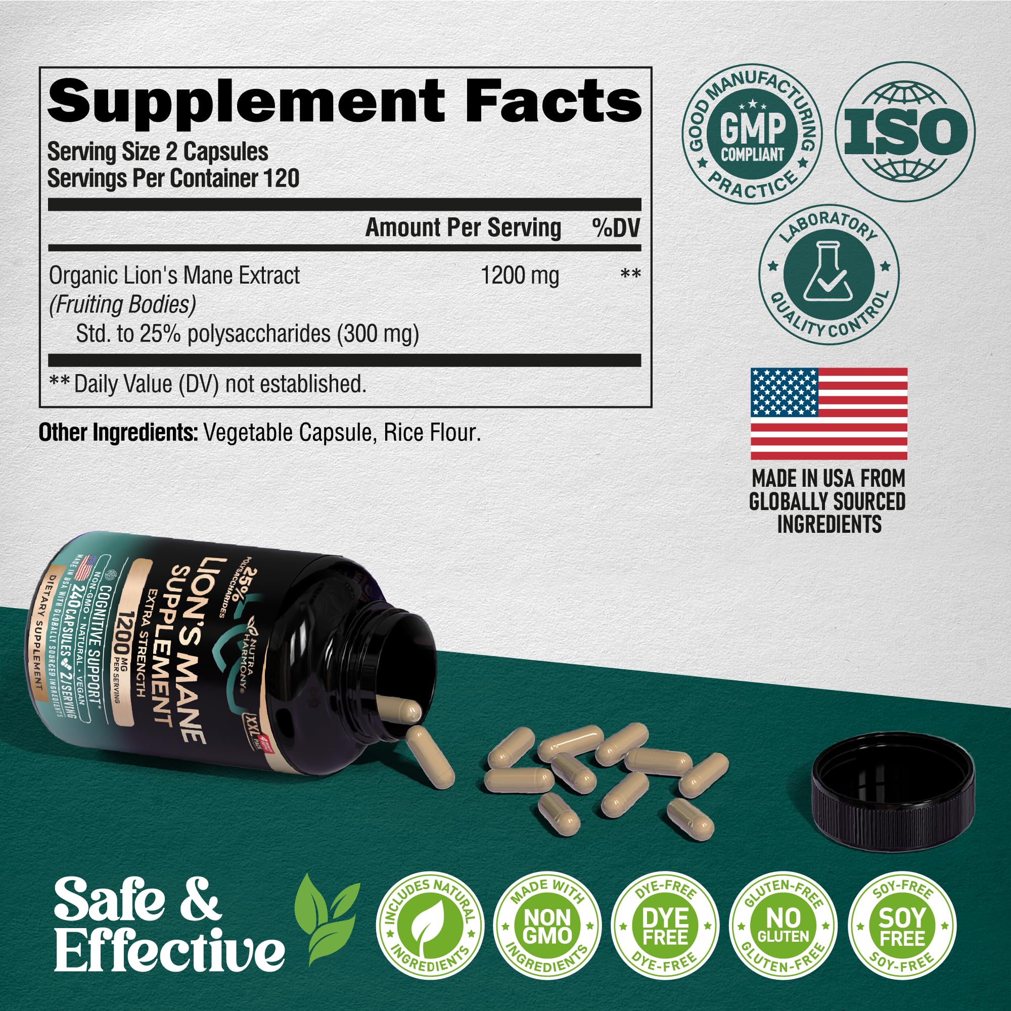 NUTRAHARMONY Melena de León cápsulas veganas y orgánicas para un estilo de vida sostenible.
