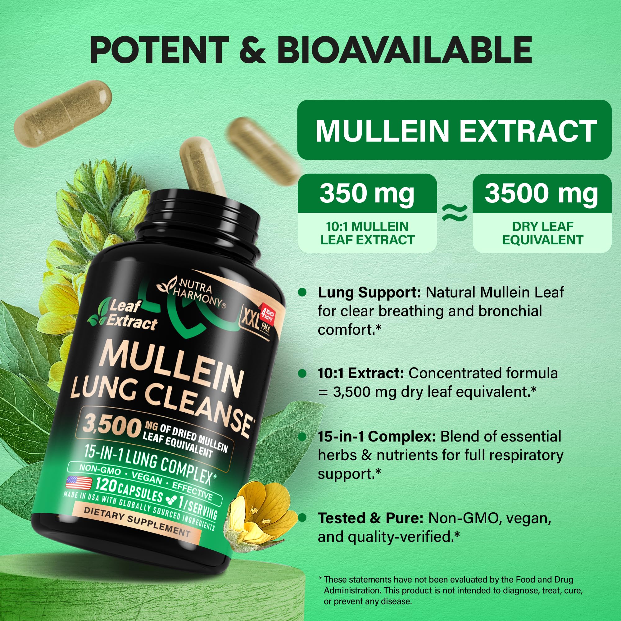NUTRAHARMONY Mullein Capsules, mezcla de ingredientes herbales para detox y bienestar.