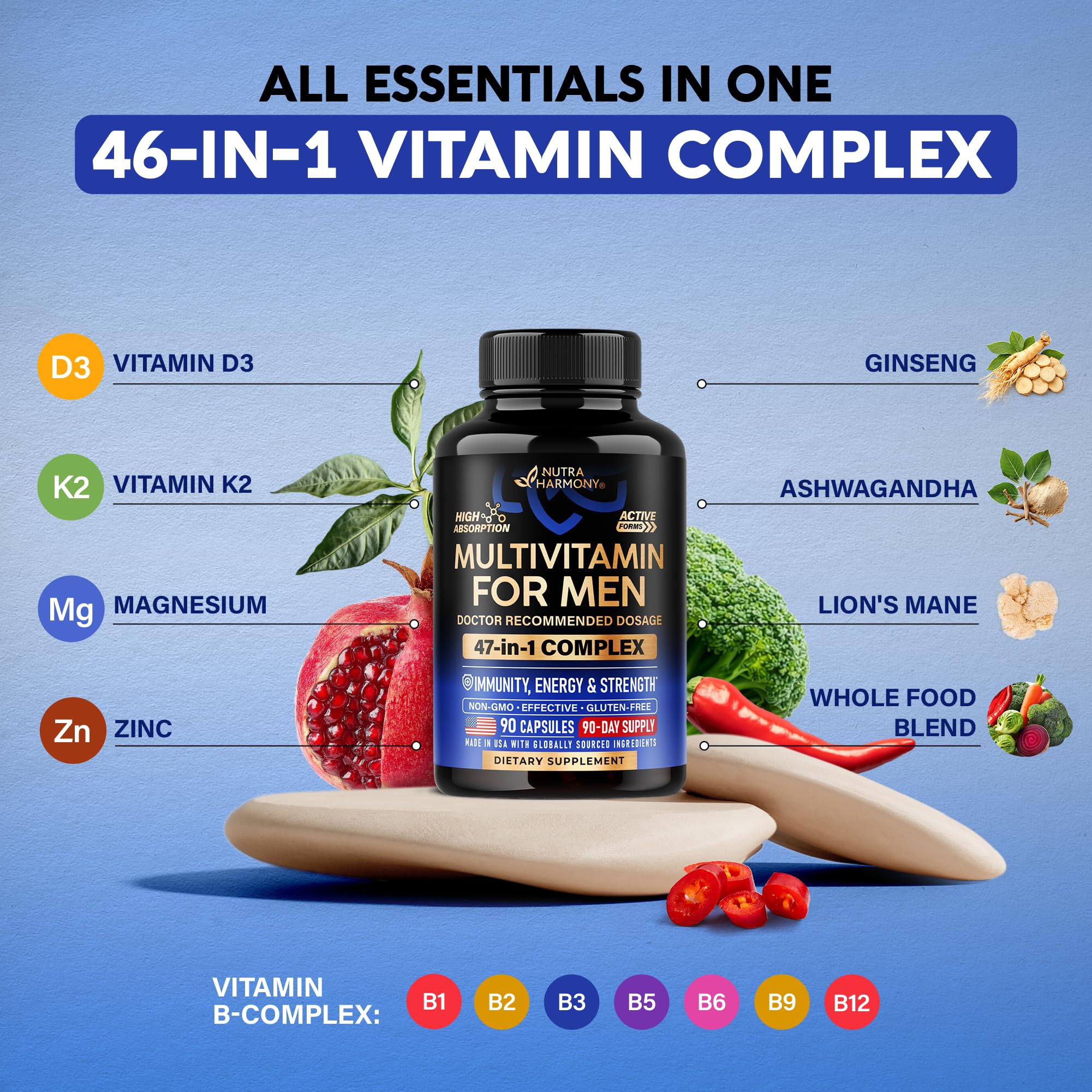 NUTRAHARMONY multivitamínico para hombres diseñado para apoyar bienestar diario.