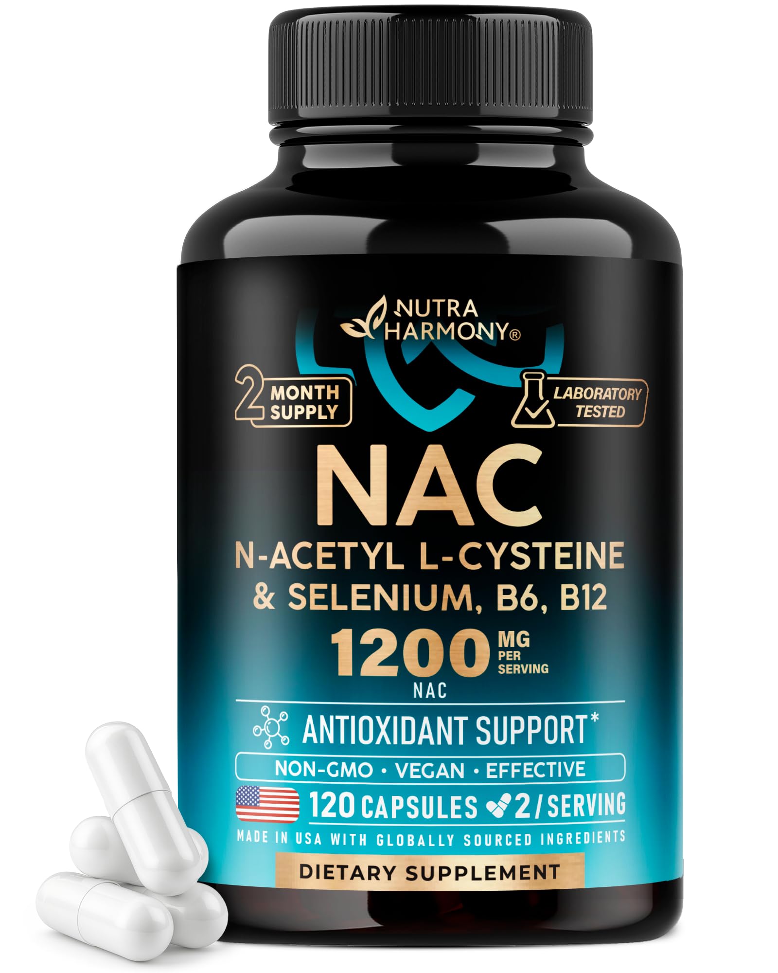 NUTRAHARMONY NAC: botella de cápsulas para uso diario, apoyo antioxidante.