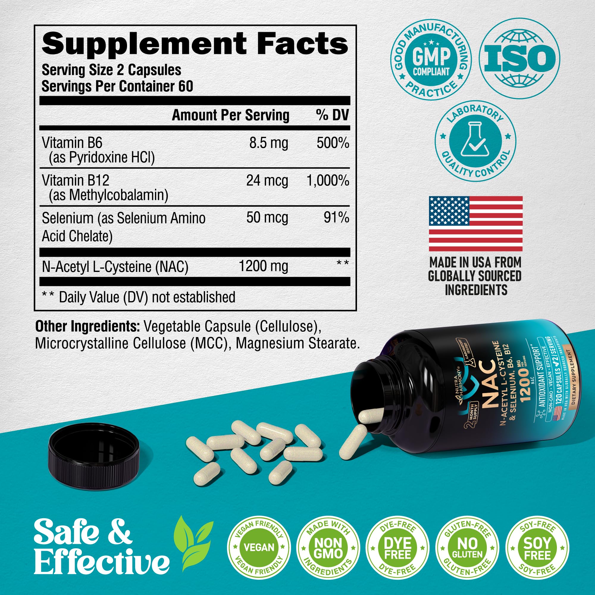 Envase vegano libre de gluten y no OGM de NutraHarmony NAC.