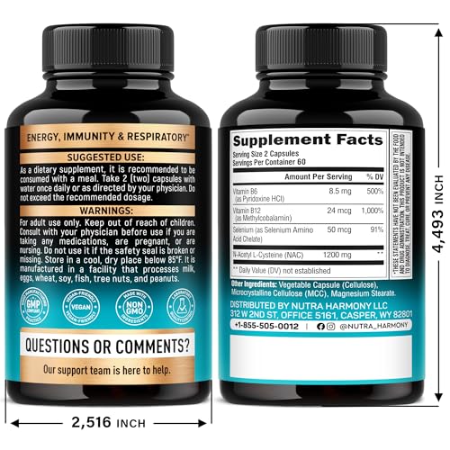 Etiqueta NAC NutraHarmony con selenio y vitaminas B6 y B12.