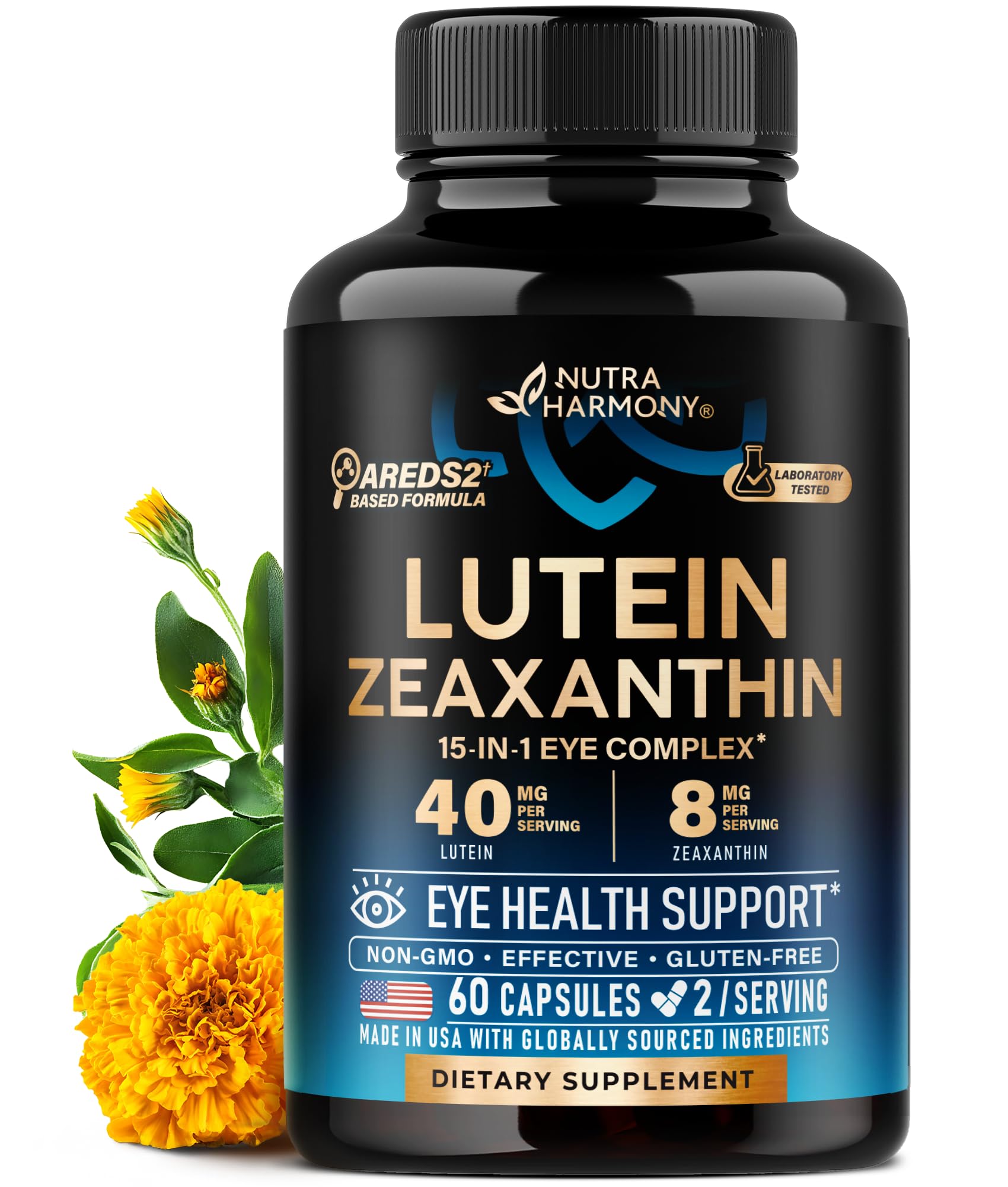 NutraHarmony: botella de vitaminas para ojos con luteína y zeaxantina para visión clara.
