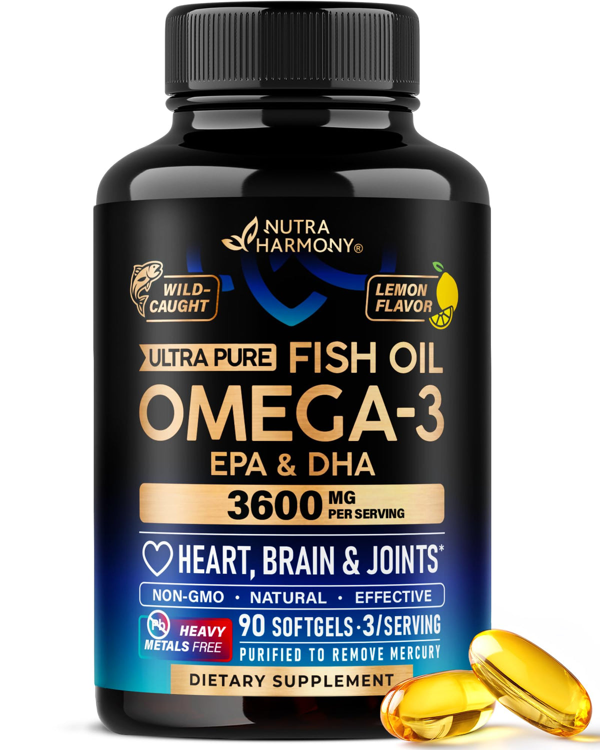 NutraHarmony Omega-3 frasco limón: sabor cítrico suave para uso diario.