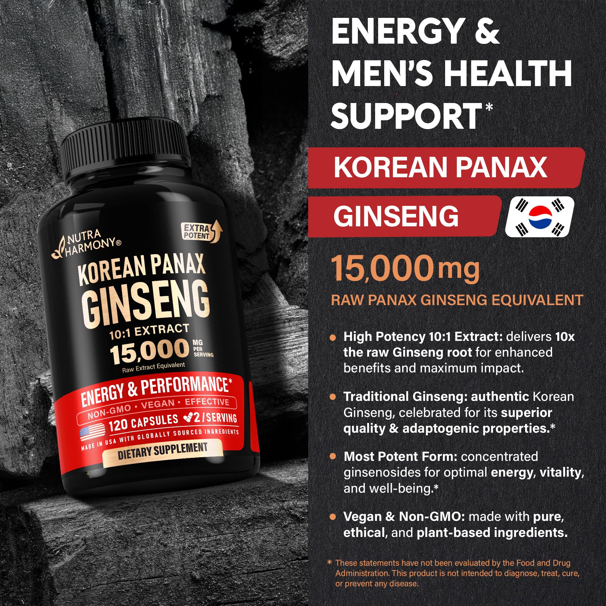 Presentación frontal de NutraHarmony Panax Ginseng 15000mg lista para comprar.