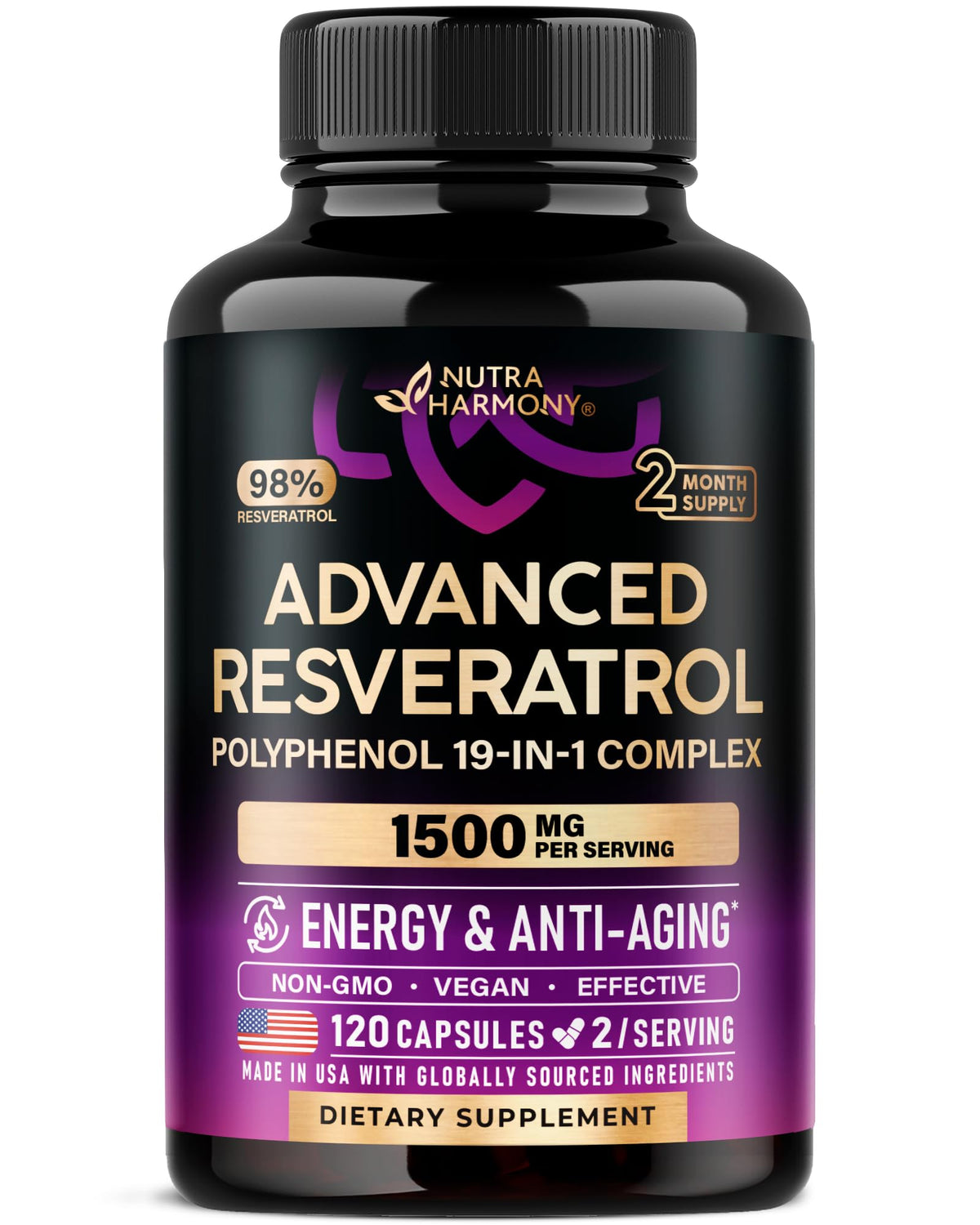 NUTRAHARMONY Resveratrol 19en1 cápsulas: antioxidantes para apoyo diario.