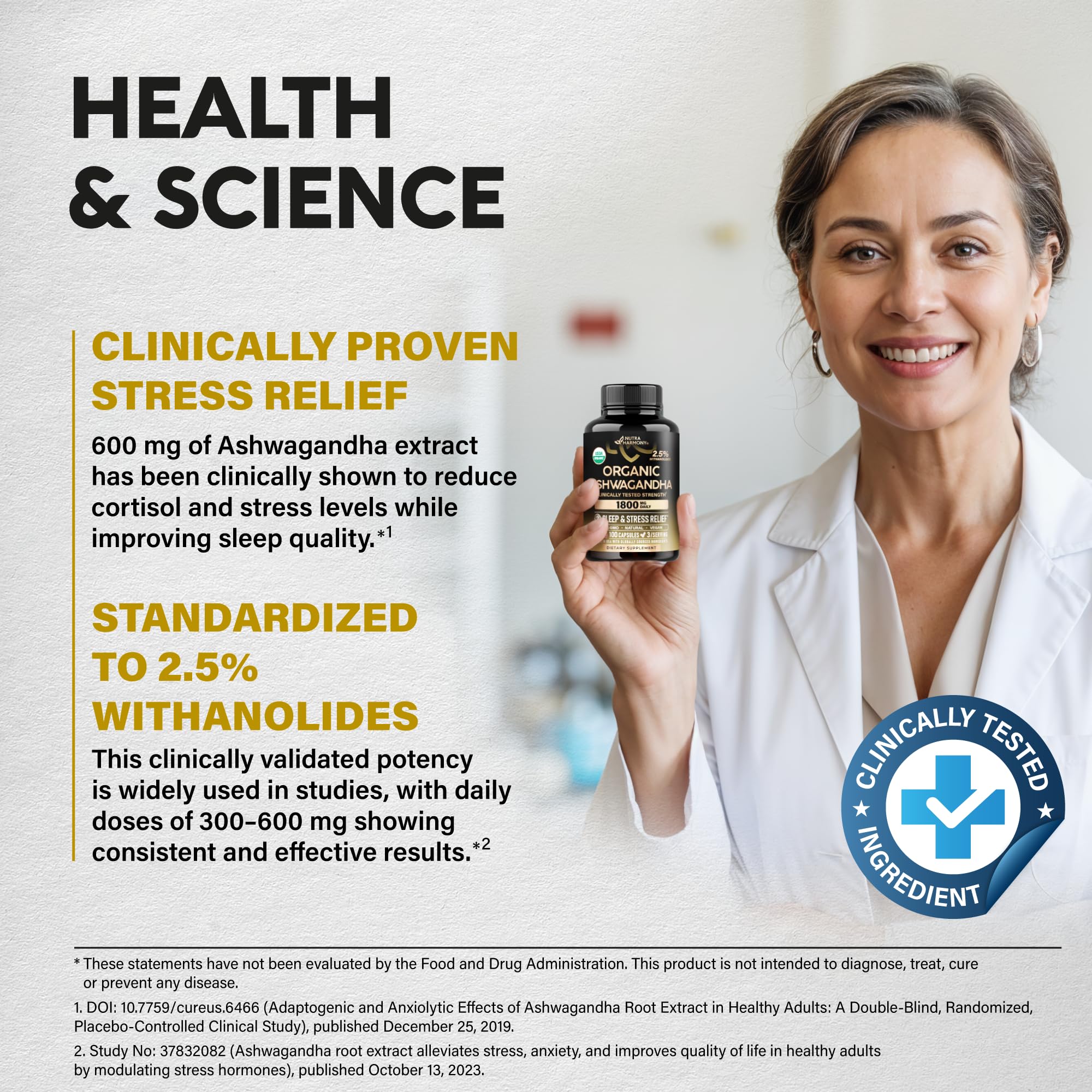 Nutraharmony Ashwagandha etiqueta: USDA Organic garantiza pureza.