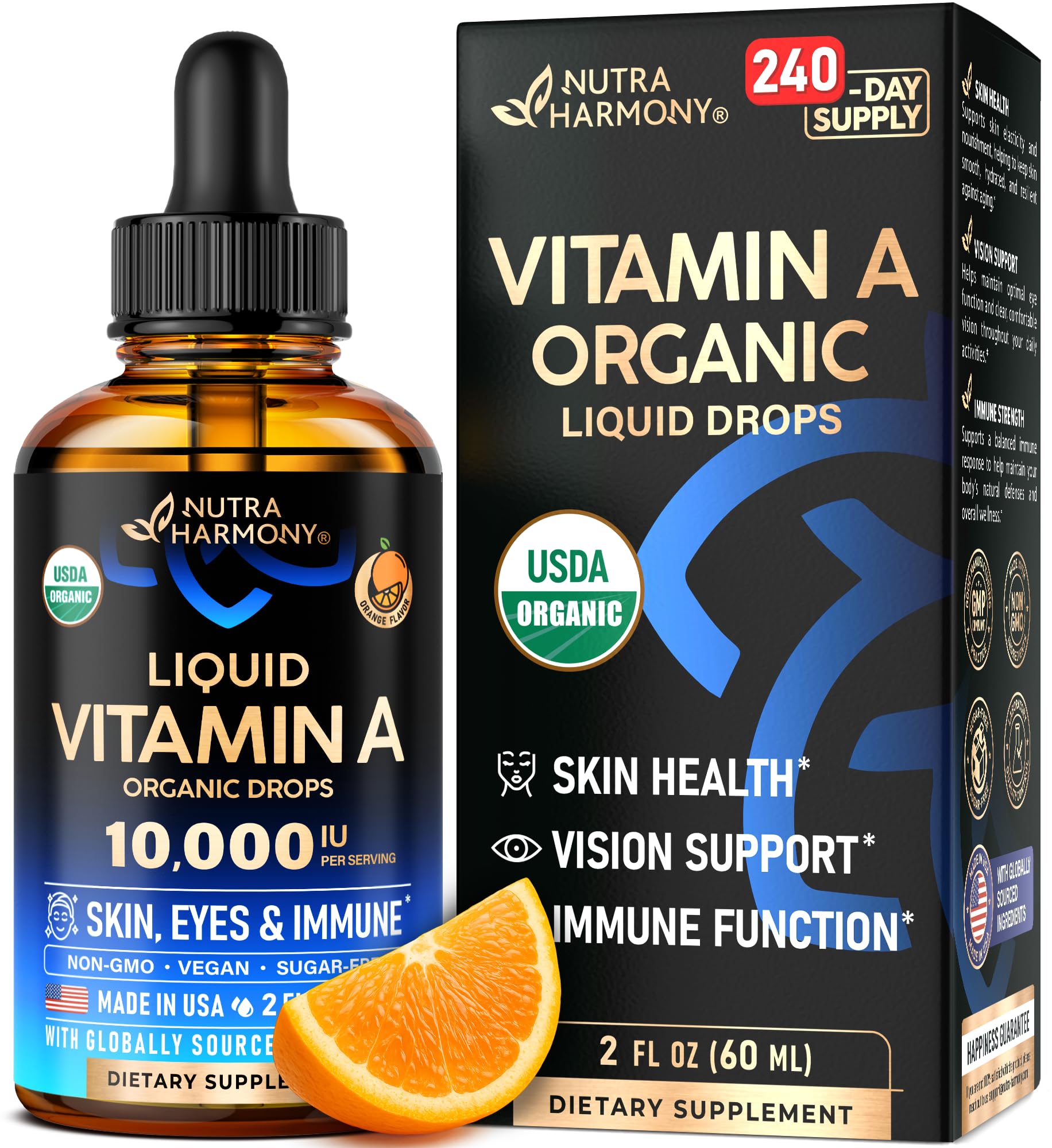 Gotas de NutraHarmony Vitamina A, botella lista para uso diario.