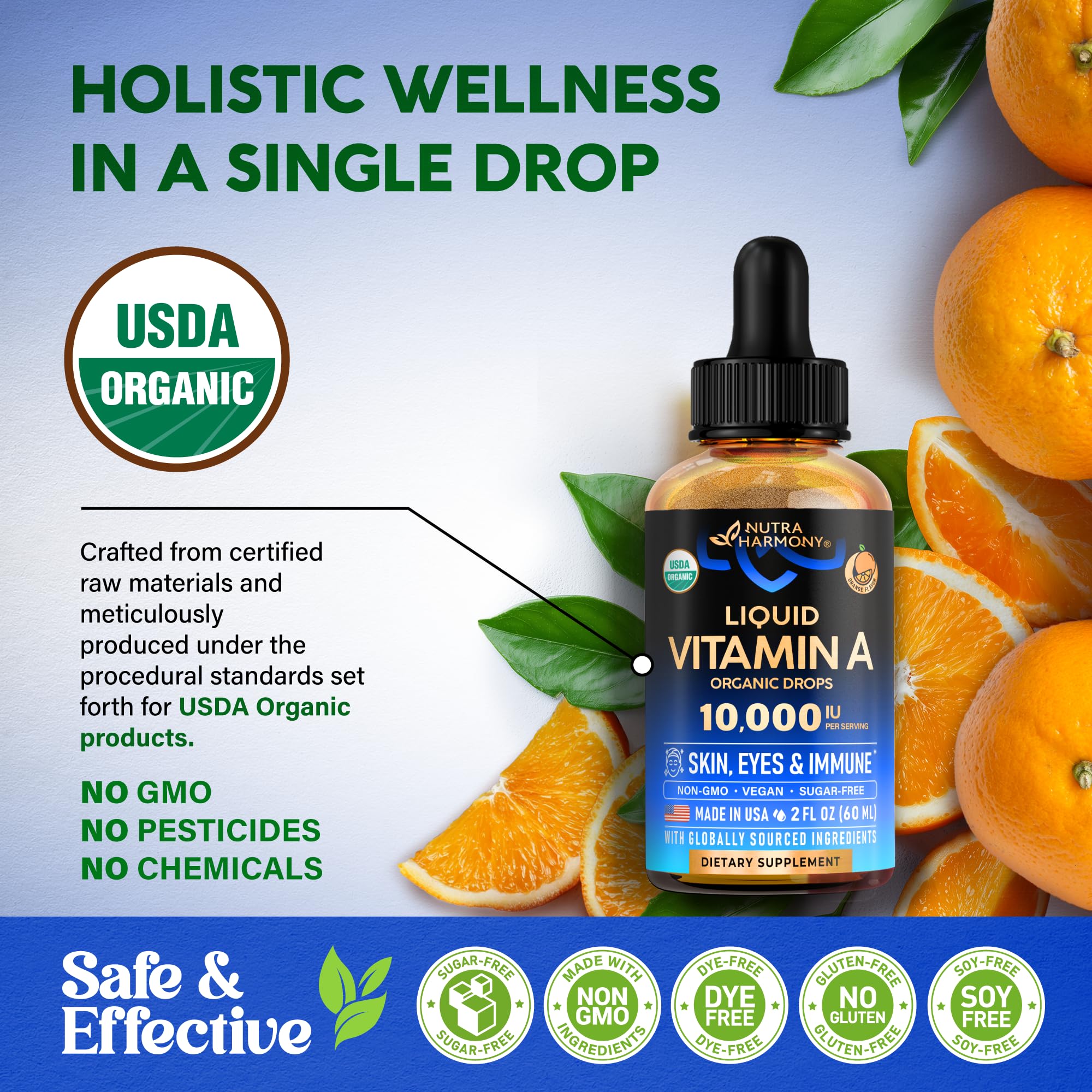 Etiqueta USDA Orgánica en NutraHarmony Vitamina A.