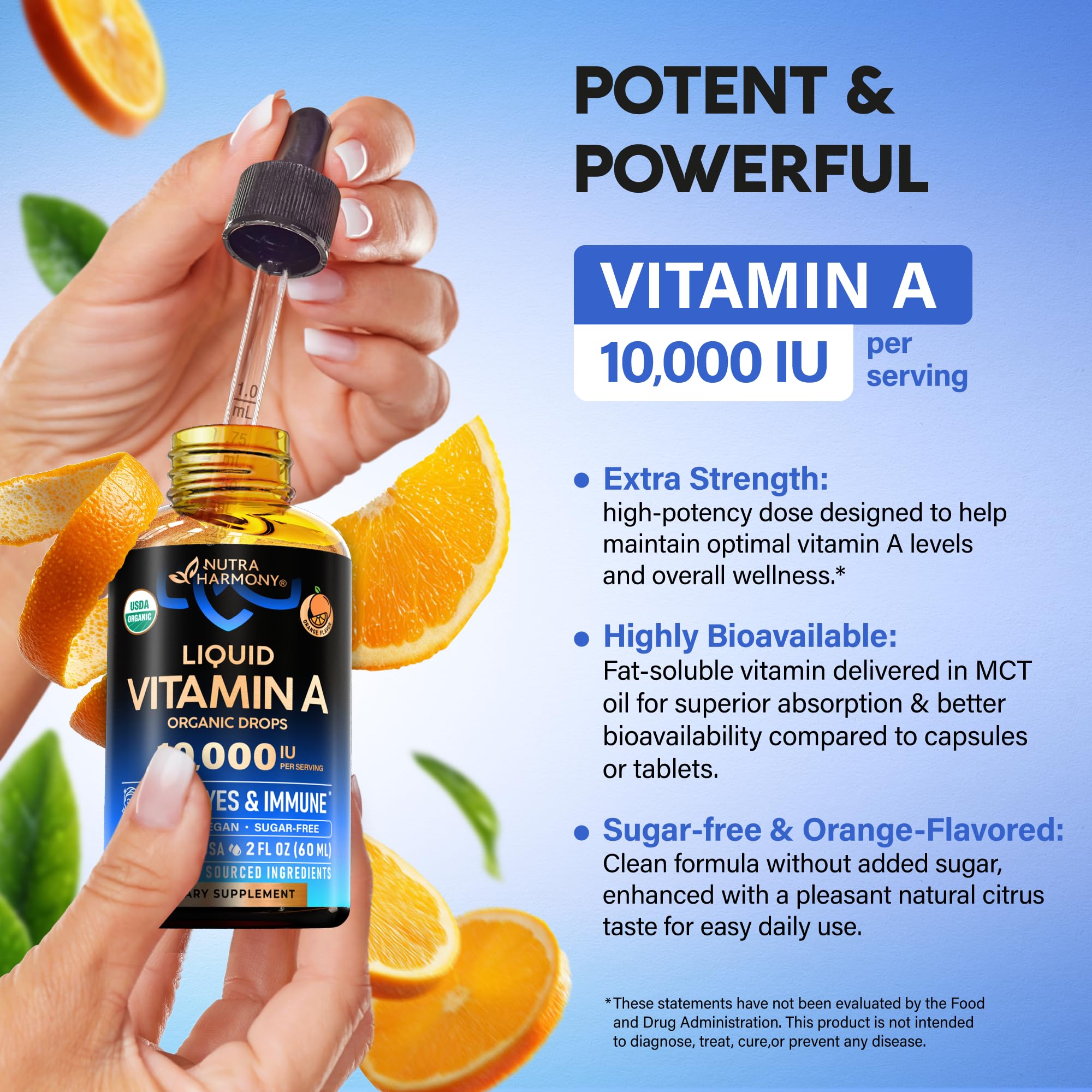 Opción vegana y sin azúcar de NutraHarmony Vitamina A para uso diario.