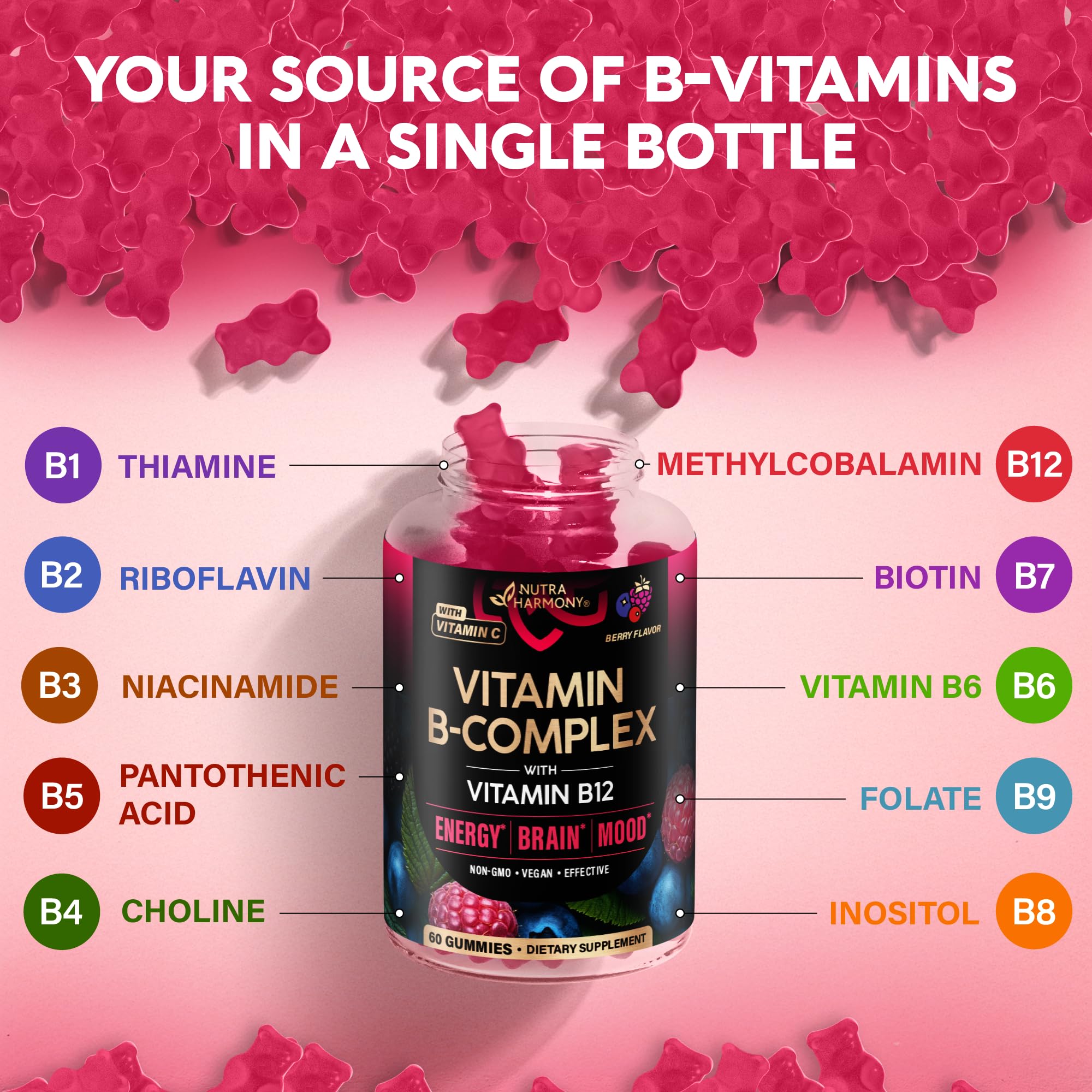 NUTRAHARMONY gomitas con vitamina C, inositol y colina para bienestar general.