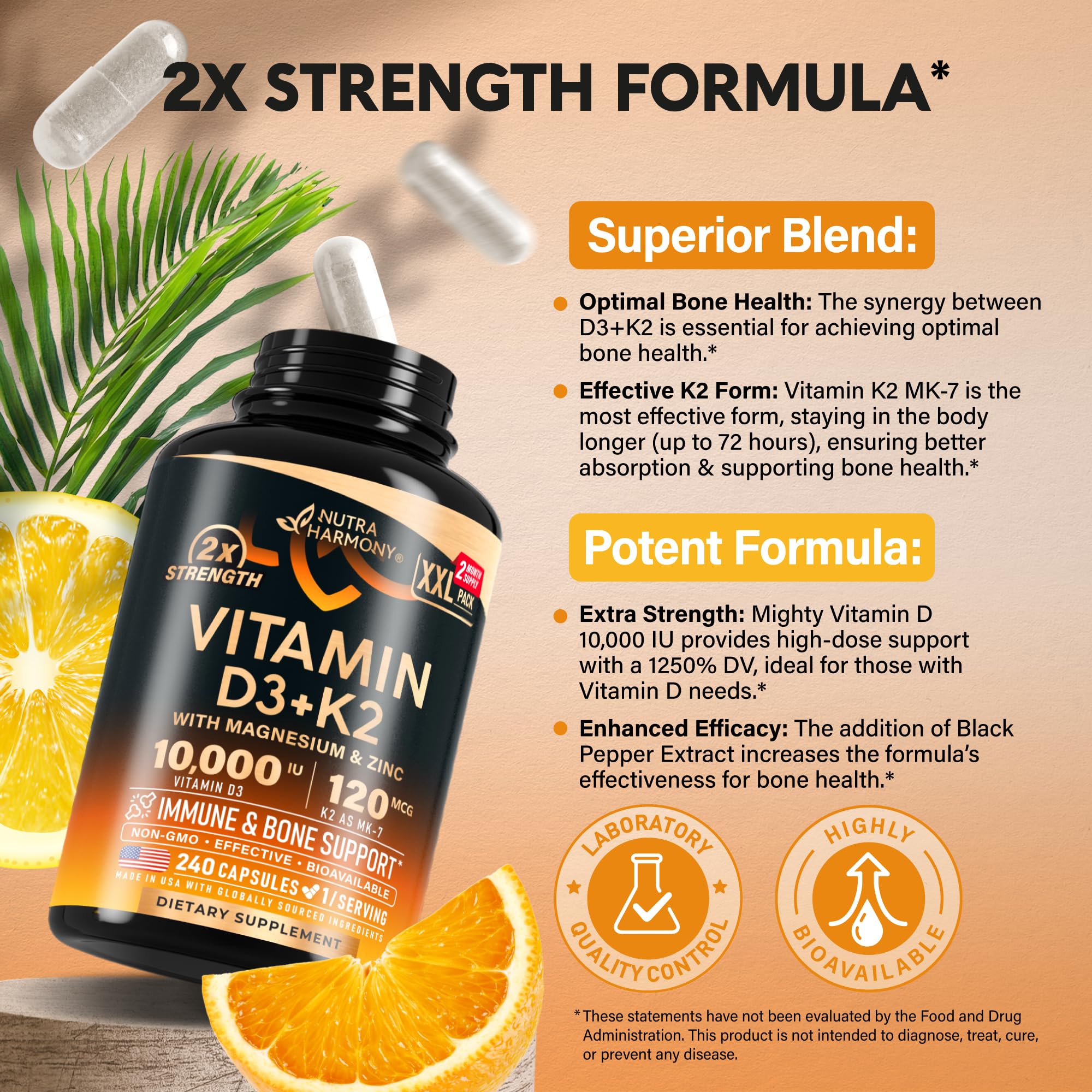 NUTRAHARMONY Vitamina D3+K2, cápsulas en mano, ingesta diaria fácil.