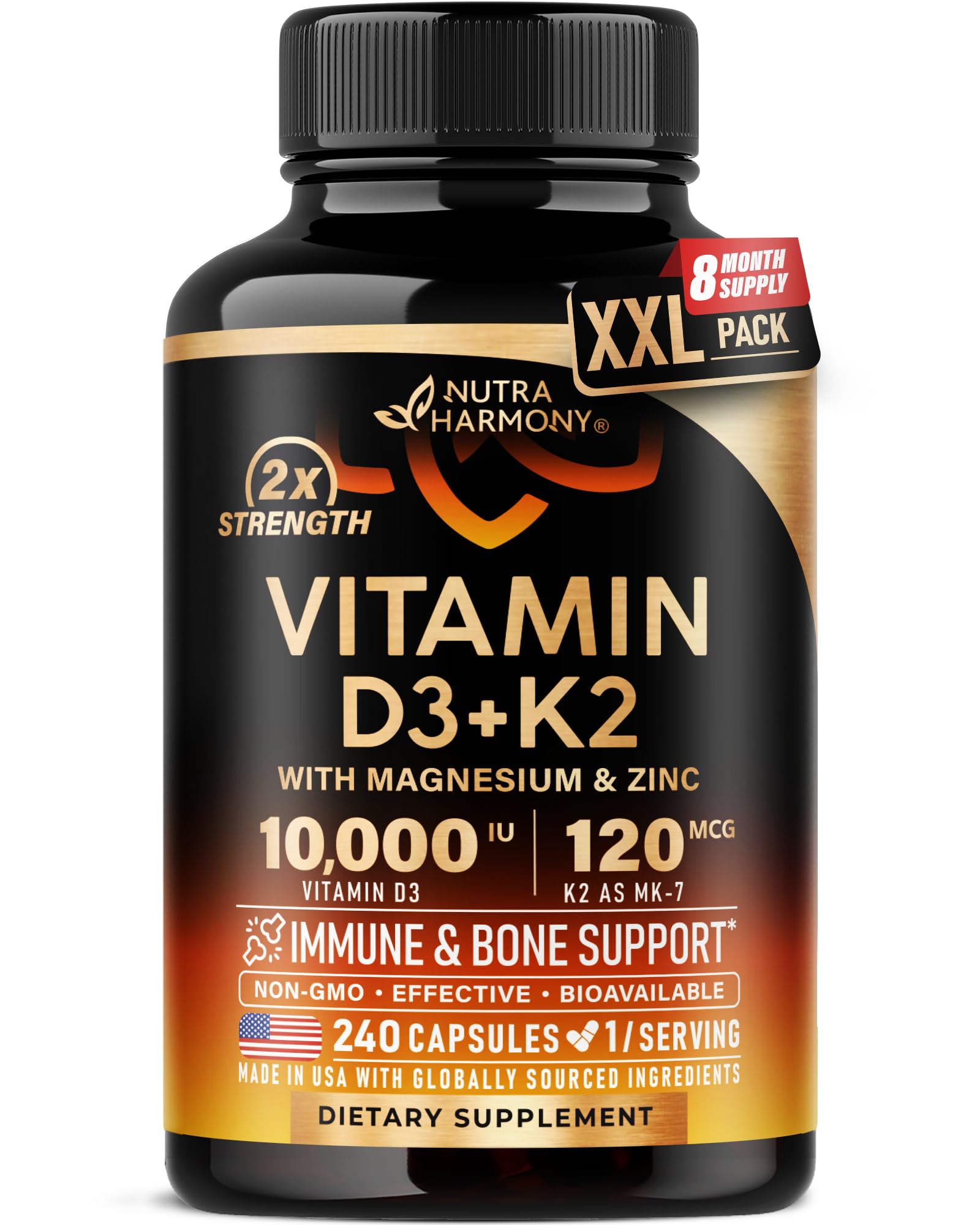 NUTRAHARMONY Vitamina D3+K2, frasco frontal, apoya salud ósea y absorción de calcio.