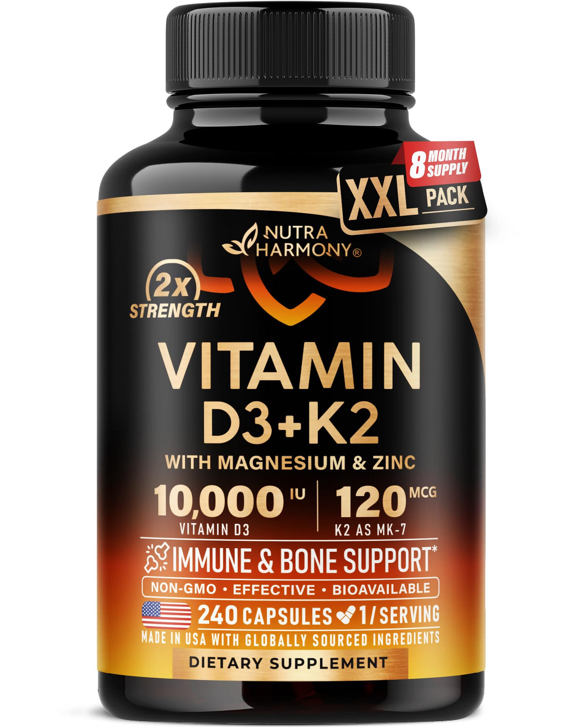NUTRAHARMONY Vitamina D3+K2, frasco frontal, apoya salud ósea y absorción de calcio.