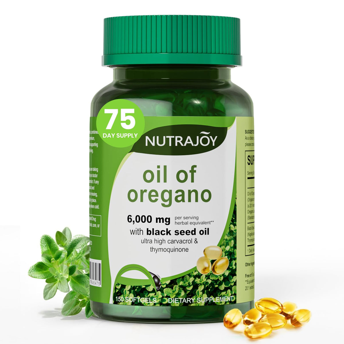 NutraJoy Aceite de Orégano cápsulas en botella, apoyo diario al sistema inmune.