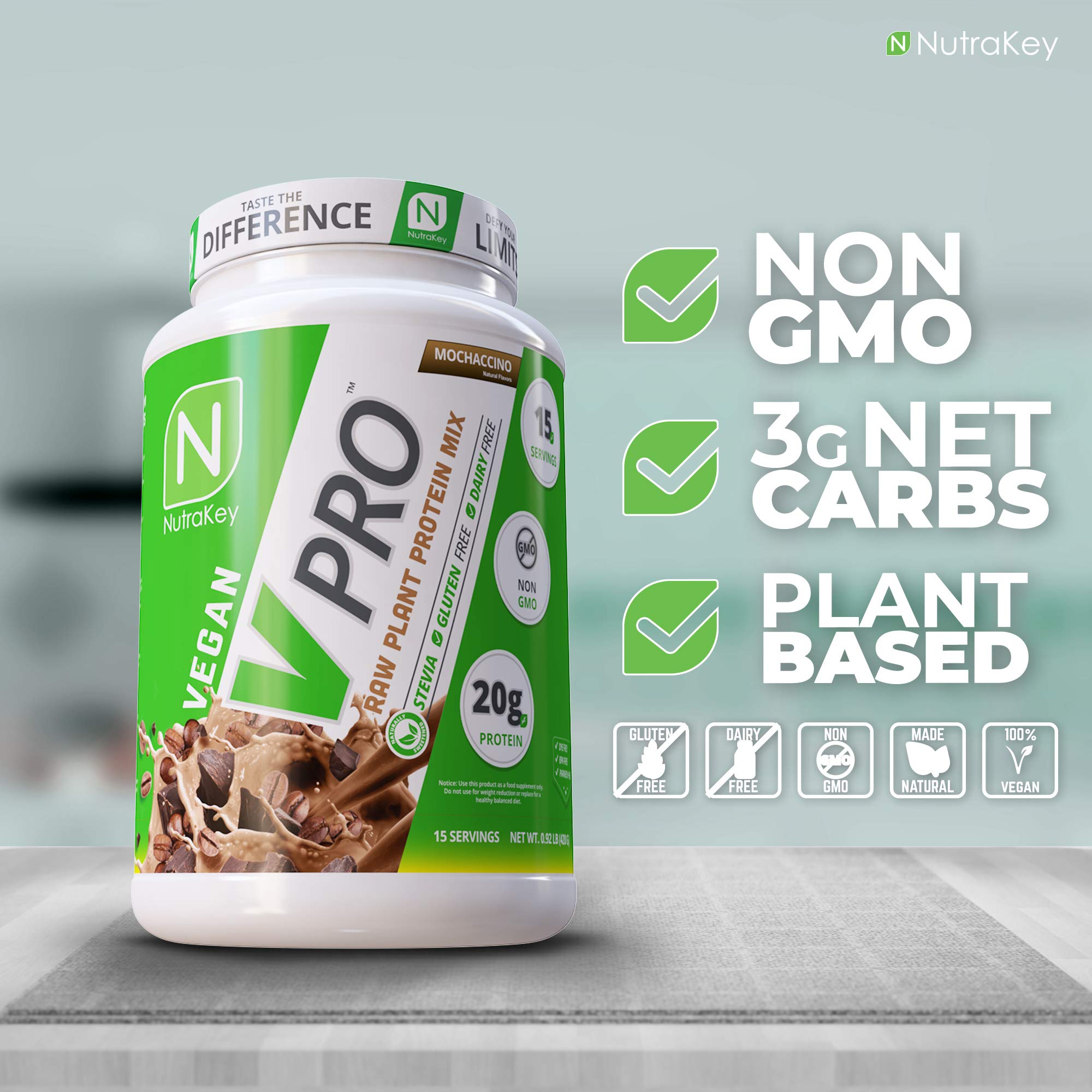 NutraKey V-Pro batido proteico vegetal mocha para recuperación muscular suave