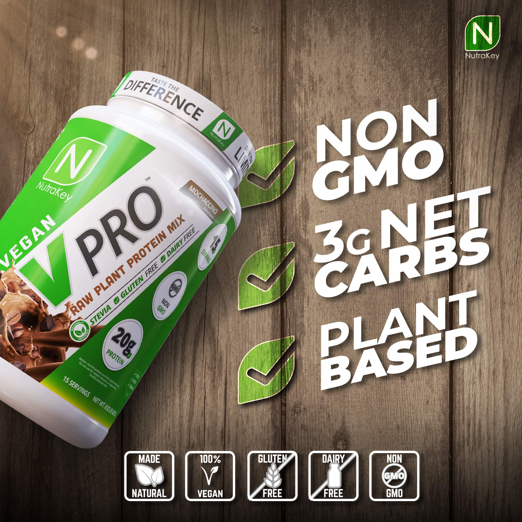 NutraKey V-Pro envase 2 lb mostrando etiqueta y textura