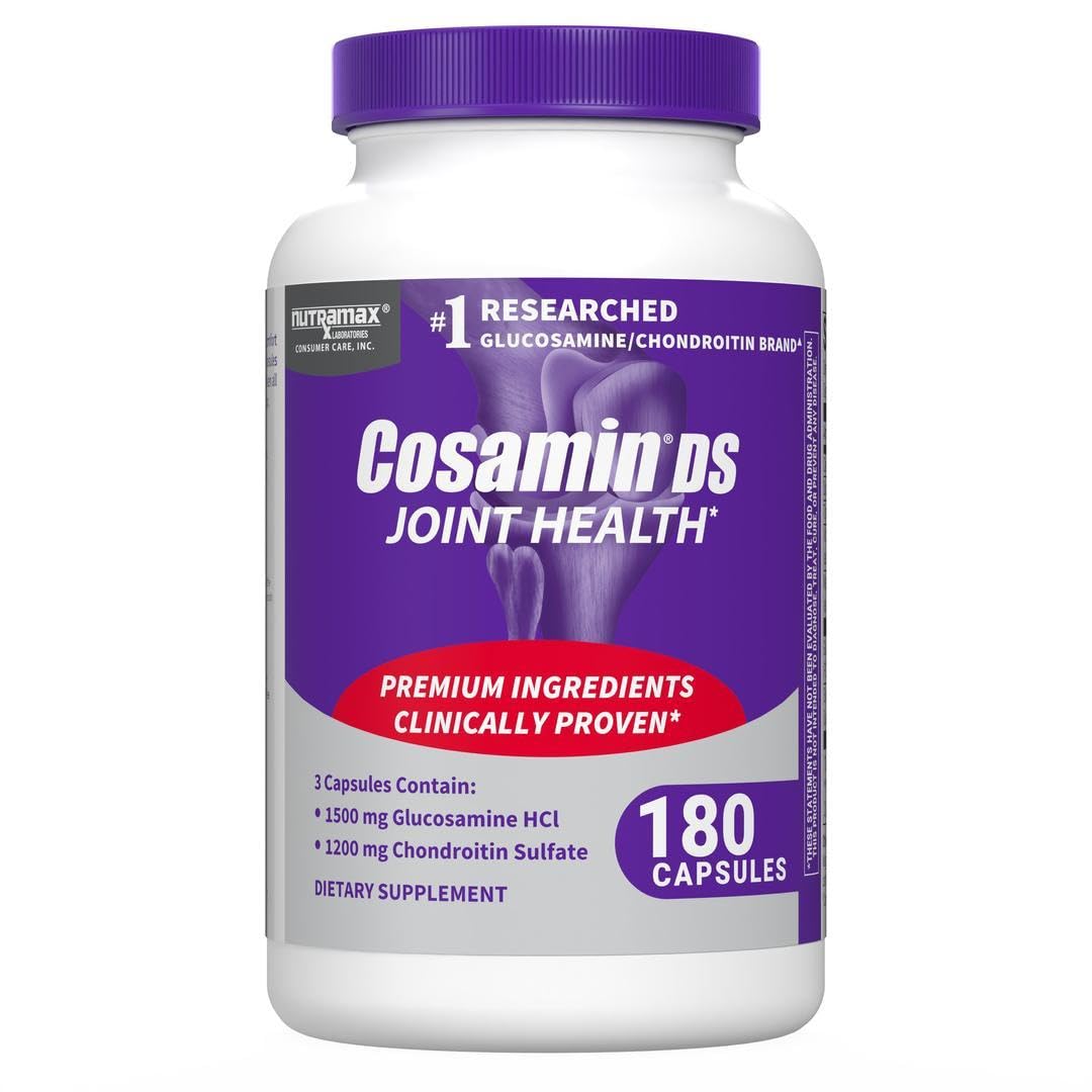 Cosamin DS de Nutramax: botella con 180 cápsulas para soporte articular diario.