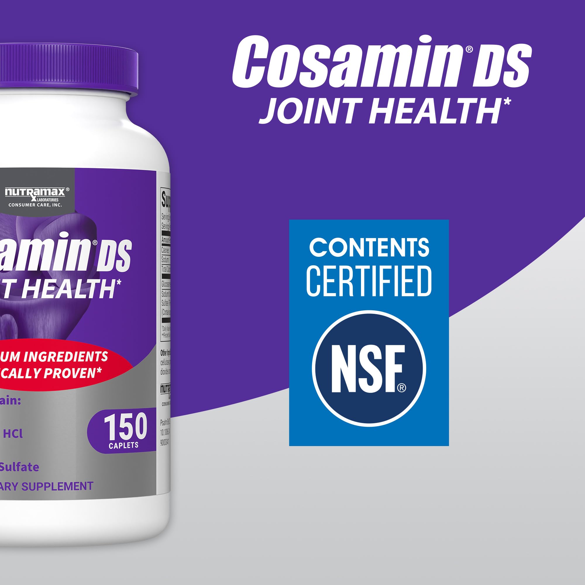 Detalle del envase Cosamin DS, calidad y legado de Nutramax.
