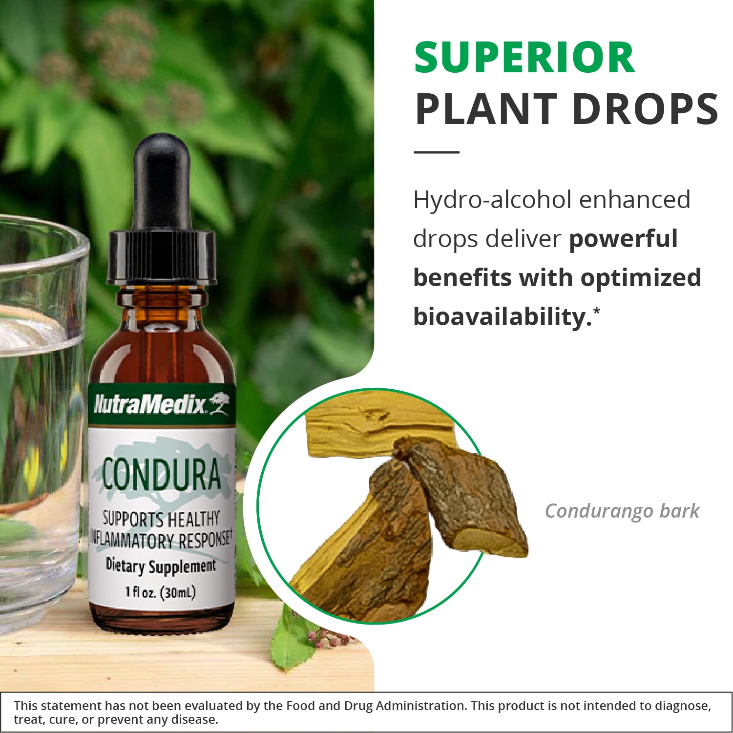 NutraMedix Condura Extract, gotero y botella, dosis precisa para el día.