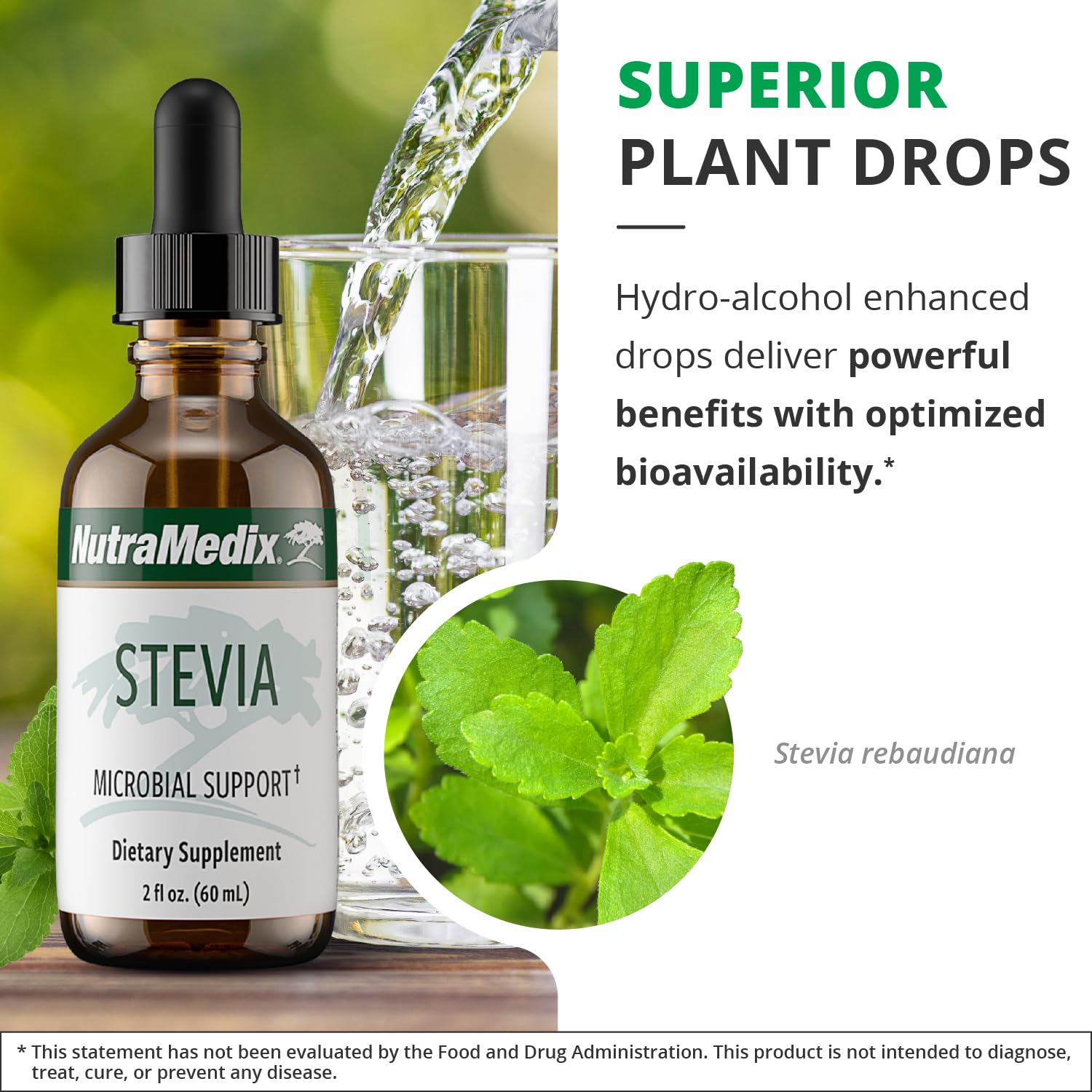 NutraMedix Estevia líquido en frasco muestra sabor natural.