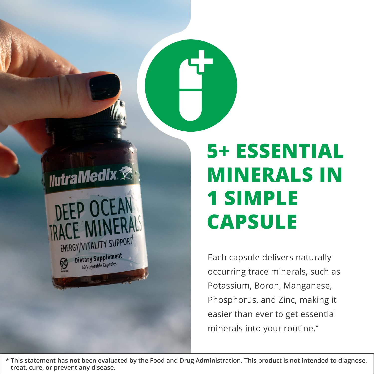 NutraMedix Minerales de Océano Profundo etiqueta visible, fácil de identificar