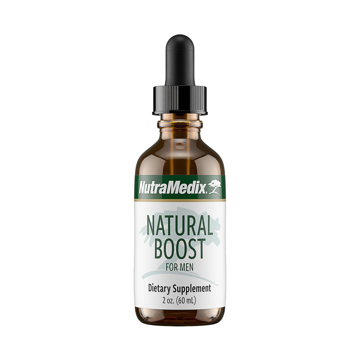 NutraMedix Natural Boost para Hombres: envase de tintura, dosificación diaria fácil.