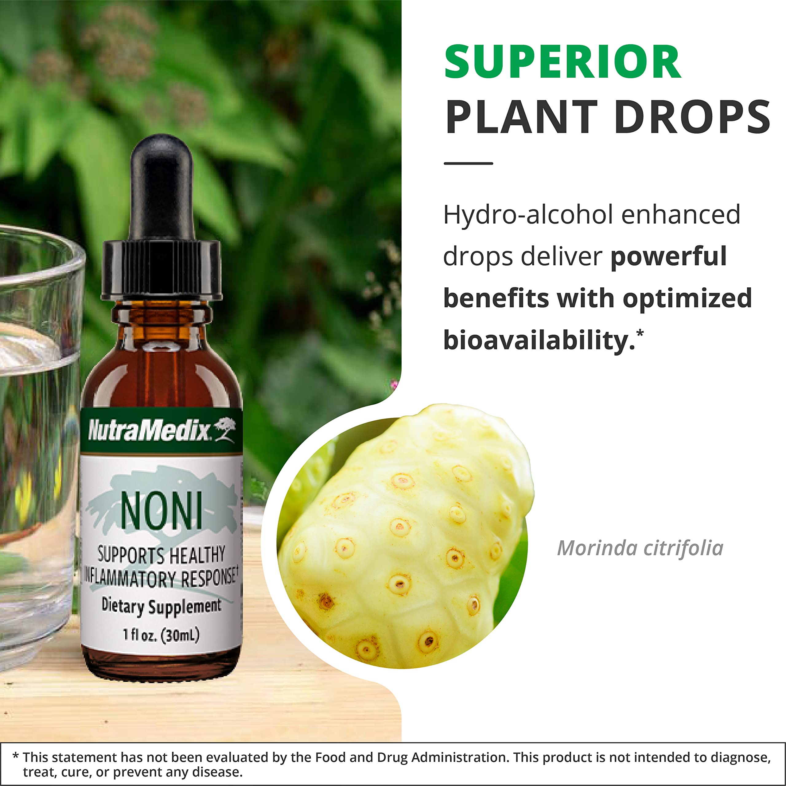 Gotas NutraMedix Noni con gotero para dosis consistentes.