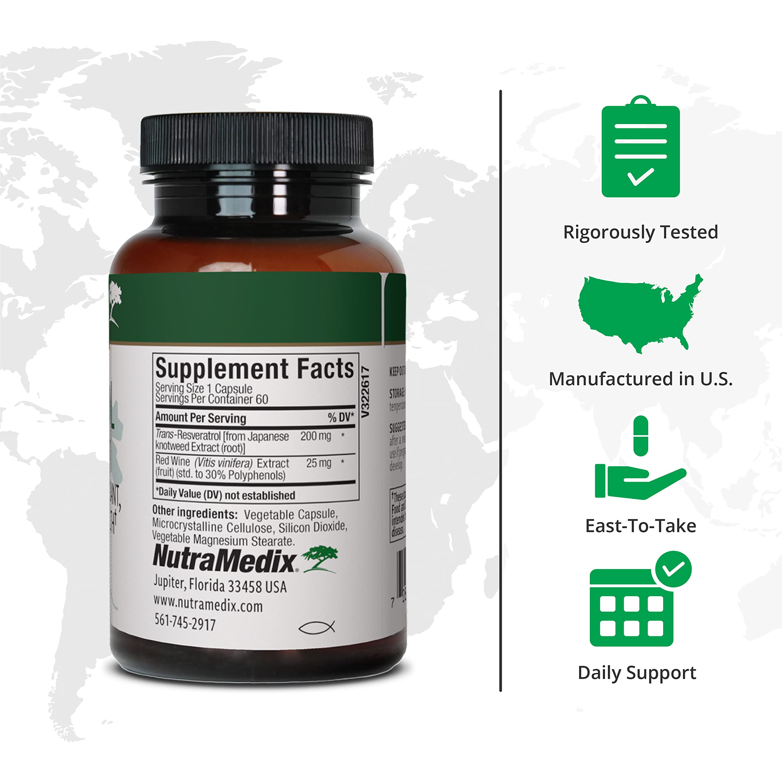 NutraMedix Resveratrol Cápsulas: etiqueta informativa sobre antioxidantes y uso diario