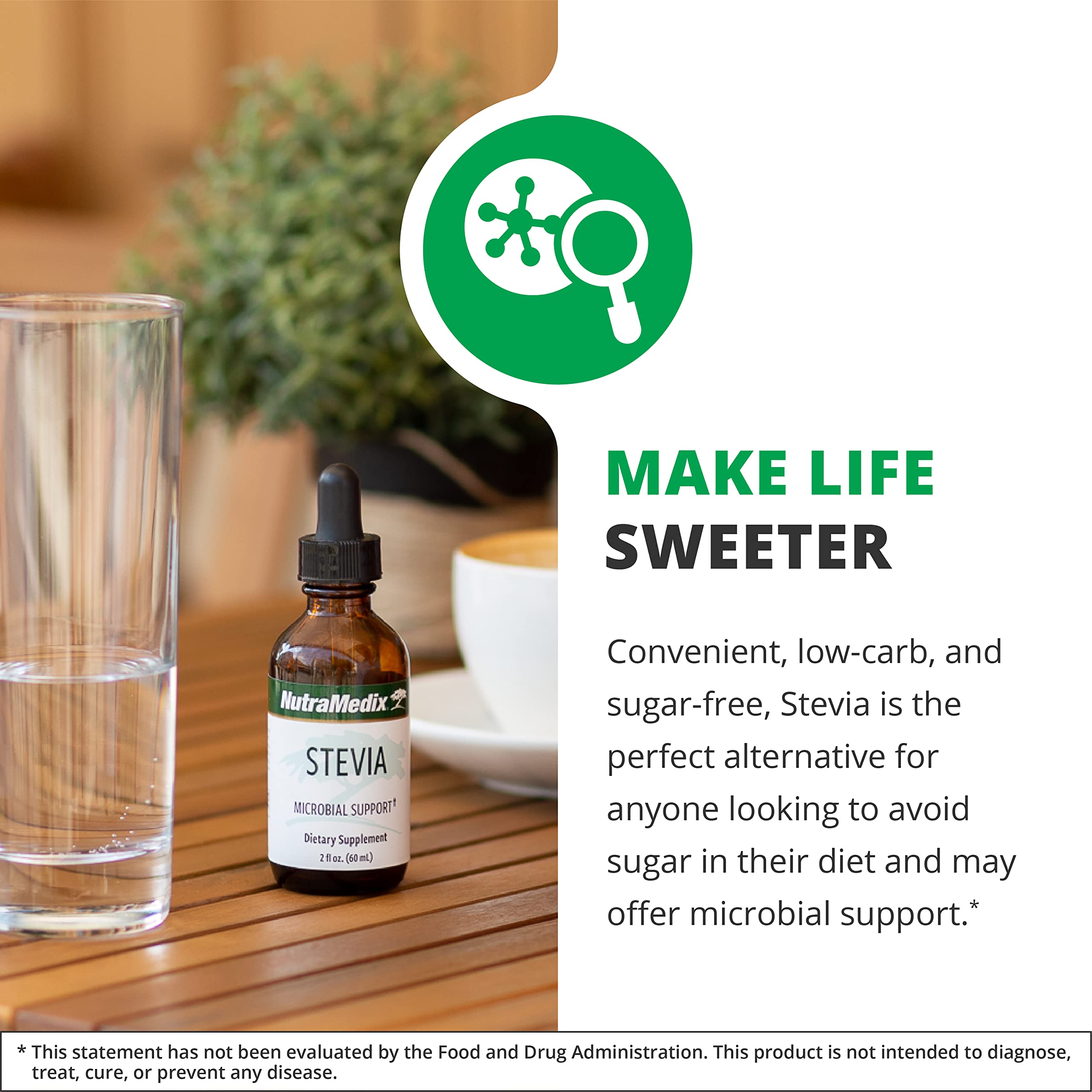 NutraMedix Stevia: etiqueta del producto con origen natural y sin azúcar añadida.