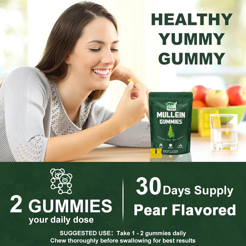 NutraNourish Mullein Gummies, textura masticable para consumo diario.