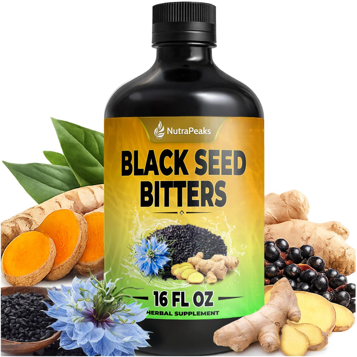 NutraPeaks Aceite de Semilla Negra en botella, apoyo diario para bienestar natural.