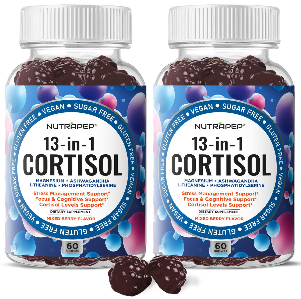 NutraPep gomitas cortisol, botella frontal, apoyo diario al equilibrio
