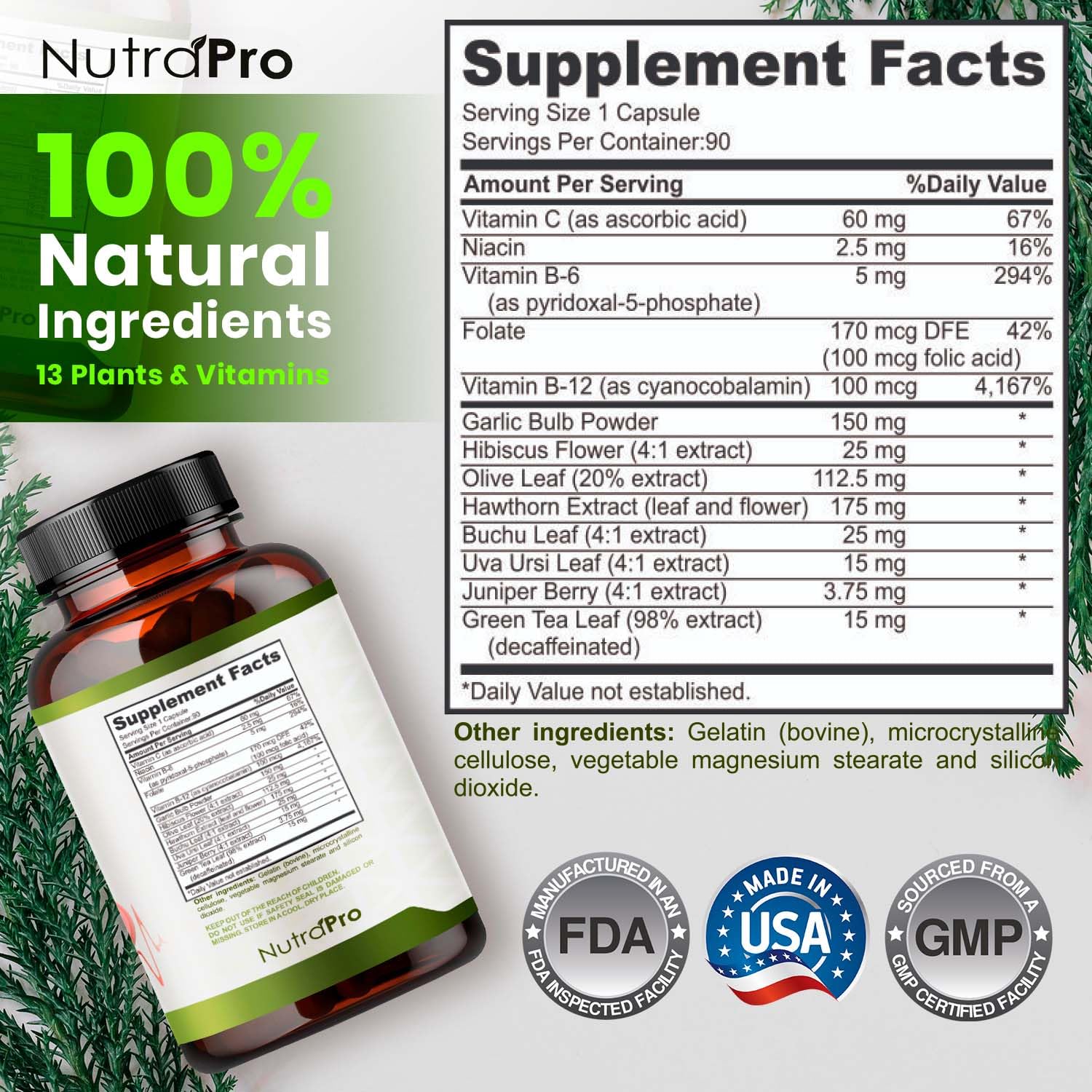 NutraPro Cápsulas: mezcla de espino, olivo y hibisco para una fórmula natural equilibrada.