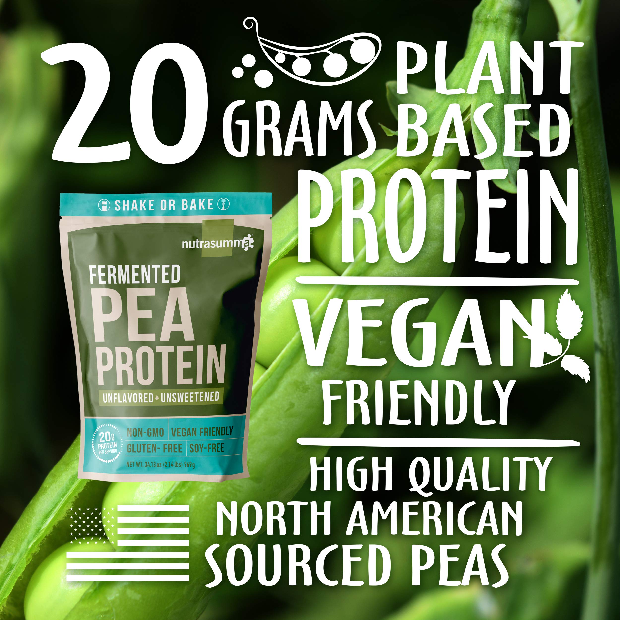 Proteína Nutrasumma de guisante elaborada en EE. UU., pureza y control de calidad.