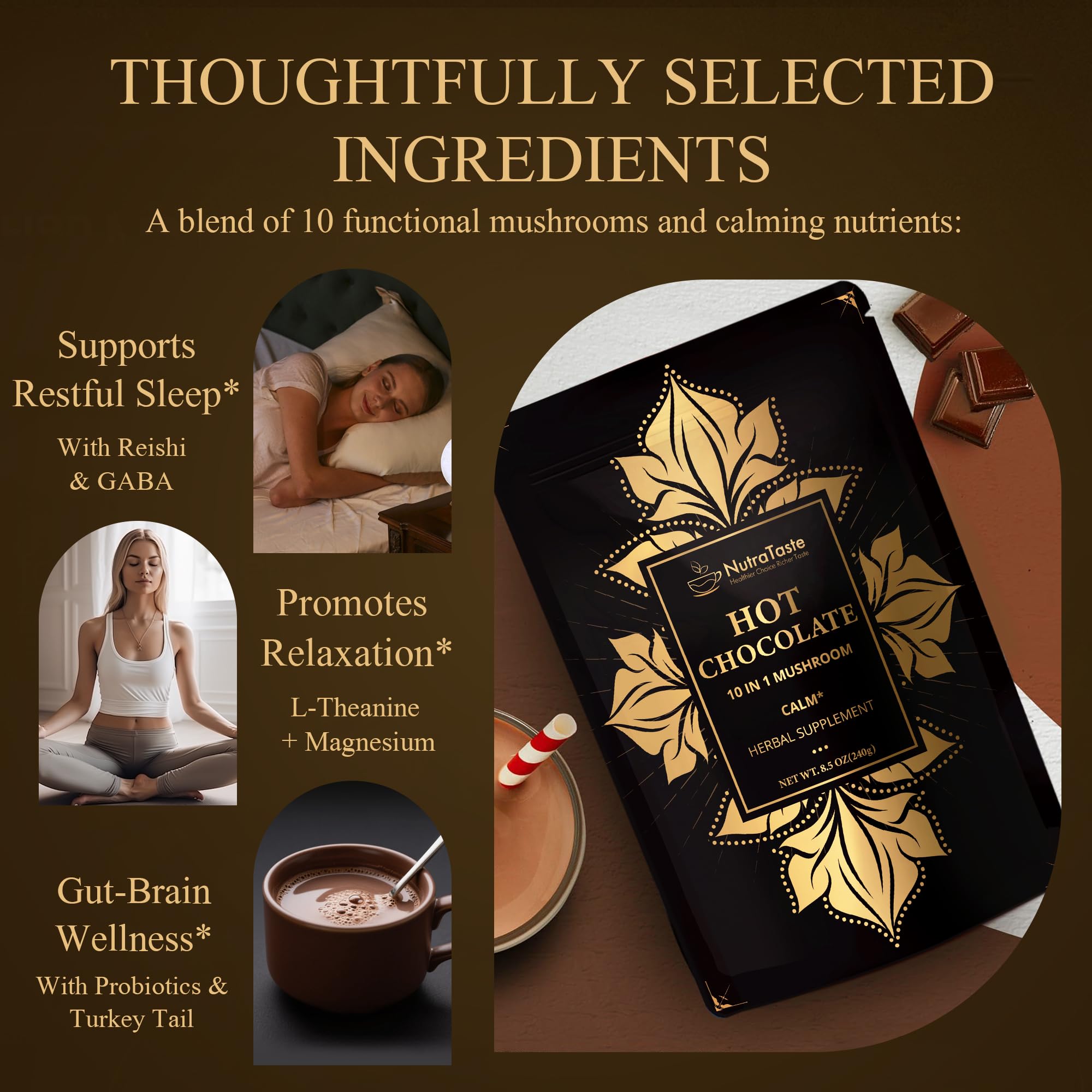 NUTRATASTE Mushroom Hot Cocoa taza lista para concentración tranquila