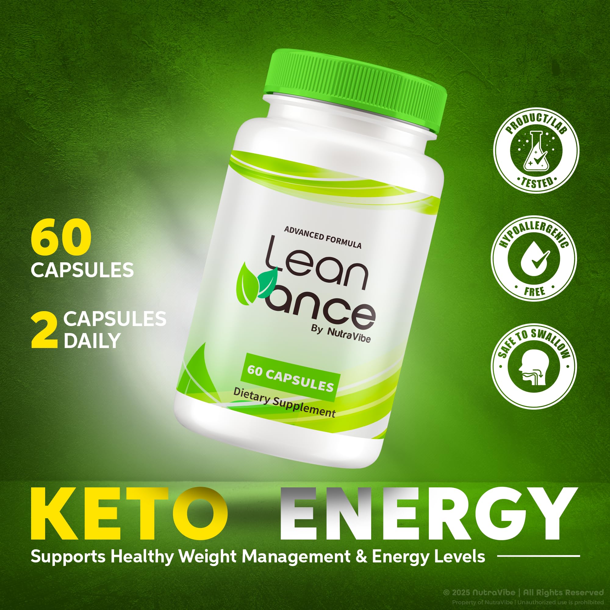 NutraVibe LeanVance frasco en detalle, cápsulas de acción suave para el día.
