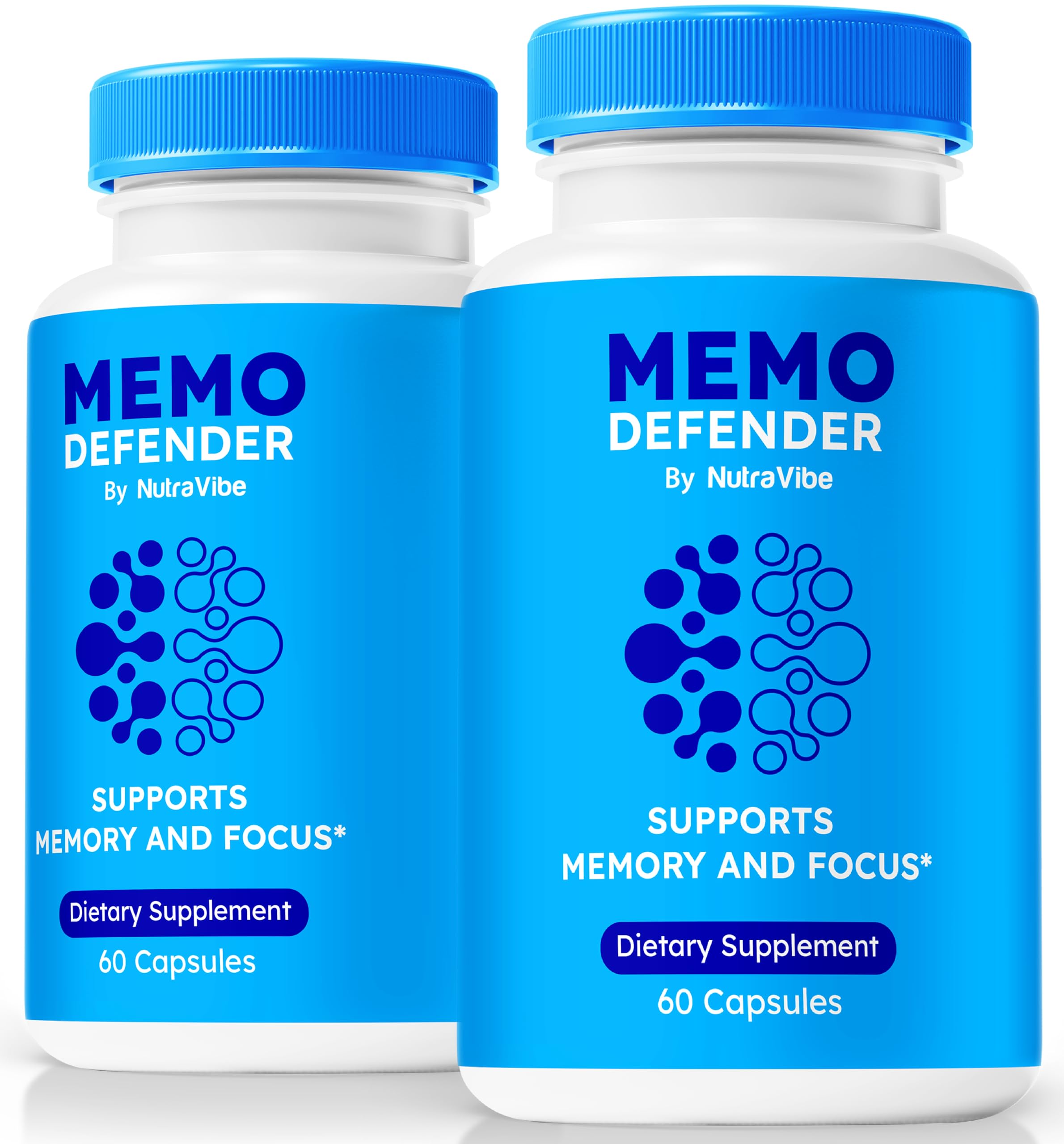 NutraVibe Memo Defender cápsulas visibles en botella para enfoque sostenido.